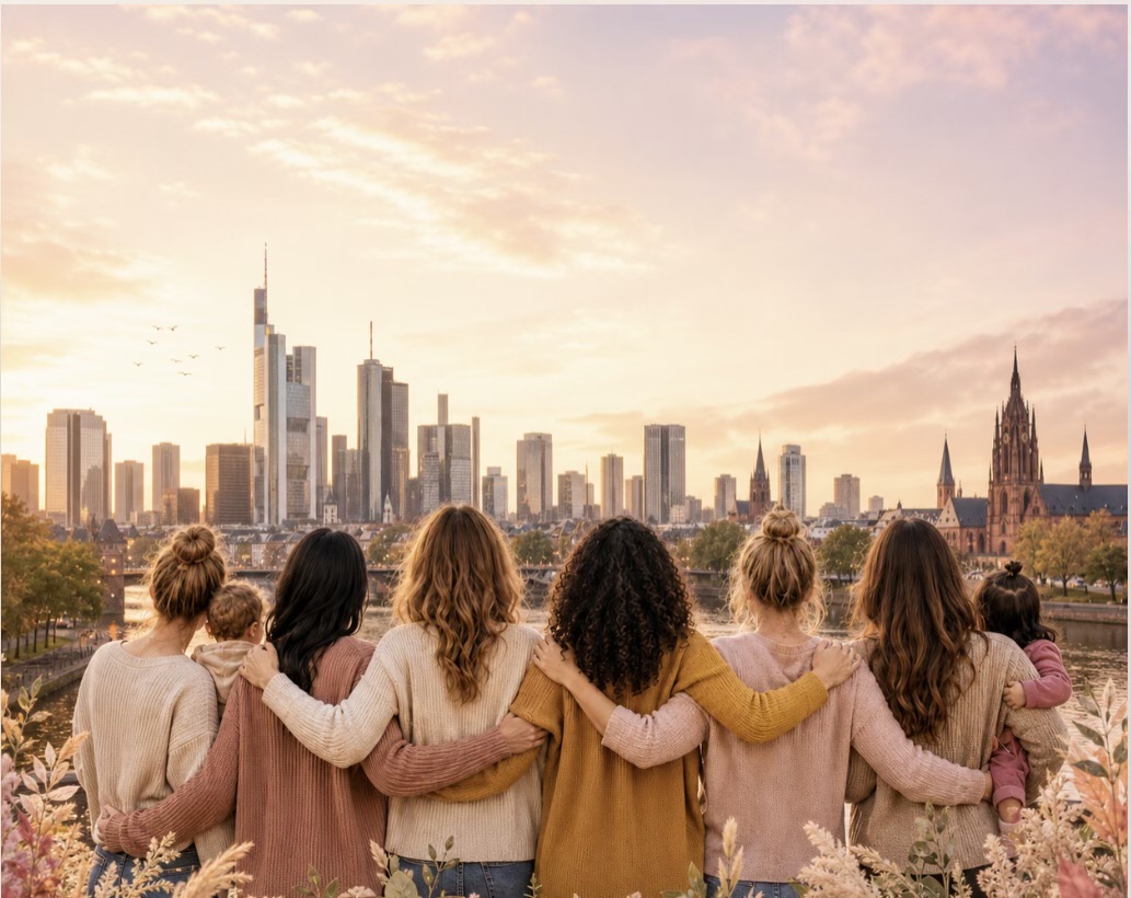 Zwei Frauen tauschen sich freundschaftlich bei einem Spaziergang aus, ein Baby ist in der Trage dabei